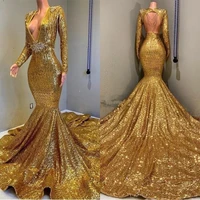2019 sexy deep v neck gold mermaid prom dresses long sleeve open back sequined formal evening gowns prom dress sparkly sequin