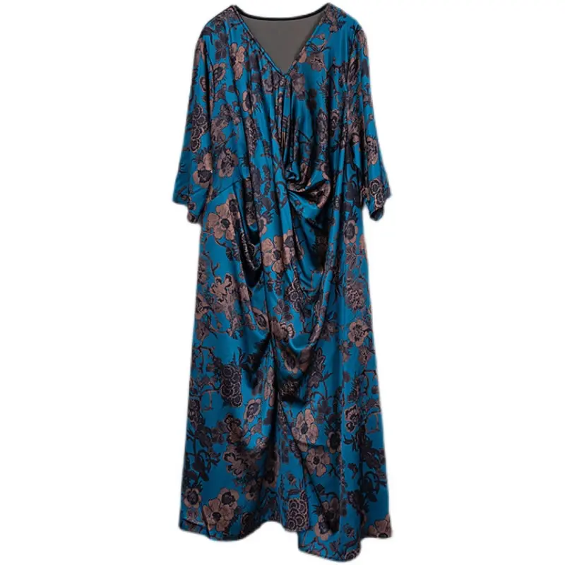 

XITAO Large Size Print Dress Summer New Asymmetrical Folds Splicing V-neck Collar Simplicity Temperament Loose Women CLL1159