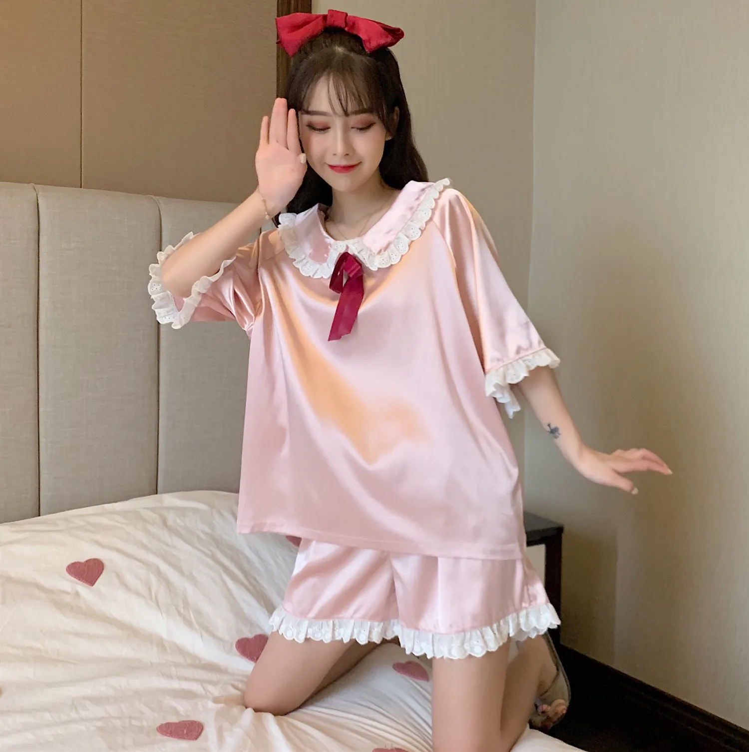 

Harajpee Women Pajamas 2021 Summer Girls Japanese Sweet Temperament Thin Bowknot Lace Short-Sleeved Age-Rreducing Home Wear Suit