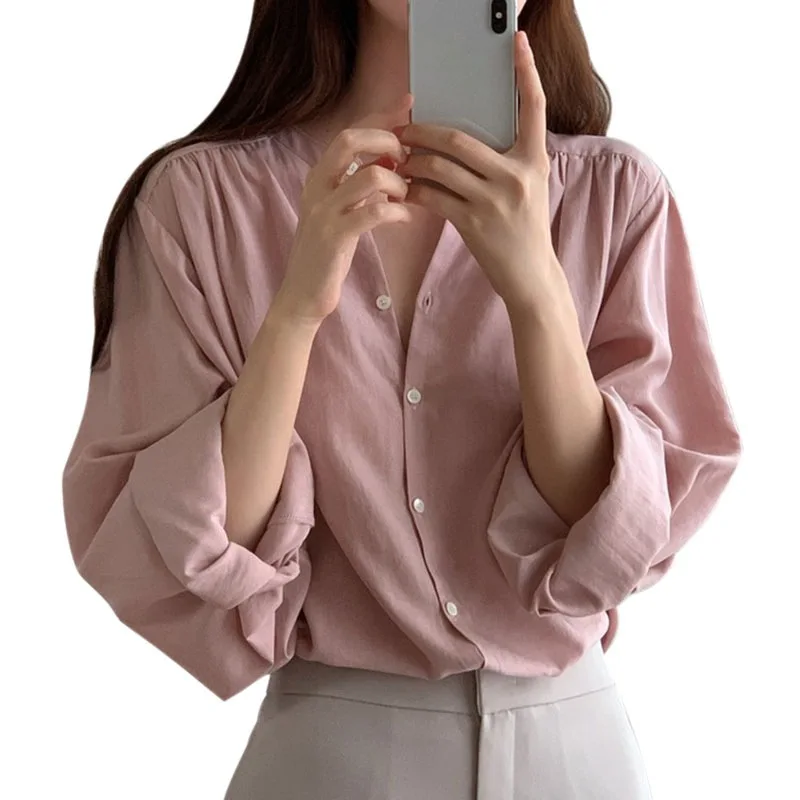 

Женская Свободная блузка, Весенняя элегантная розовая рубашка с длинным рукавом, корейские мягкие Топы