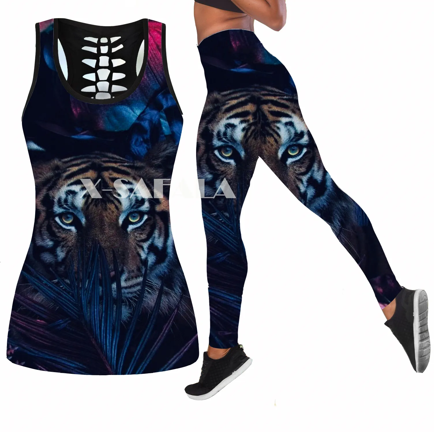 

Tiger with Flowe Animal Two Piece Yoga Set Women 3D Print Vest Hollow Out Tank Top High Waist Legging Summer Casual Sport4