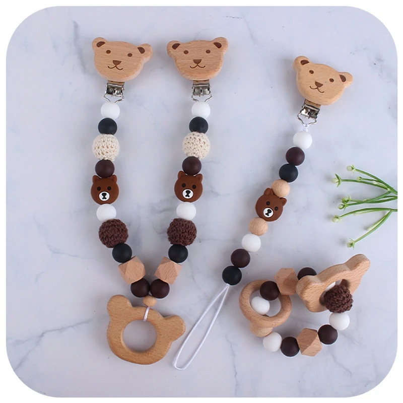 

3Pcs/Set Baby Stroller Hanging Clip Pendant Mobile Rattle Dummy Holder Pacifier Chain Wooden Ring Bracelet Infants Teether Toys
