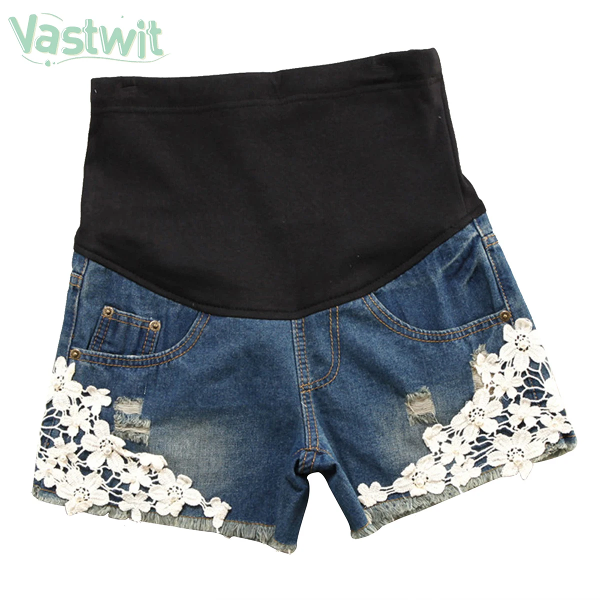 

Maternity Ripped Denim Shorts Summer Pregnant Women High Waisted Support Belt Jeans Lace Pearl Short Pockets Pants for Pregnancy