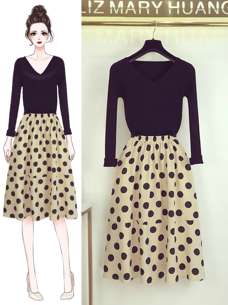 2019 Autumn 2 Piece Set New Women's V-neck Slim Body Knit Sweater + Loose High Waist Wave Skirt Two-piece Suit Femme Student | Женская