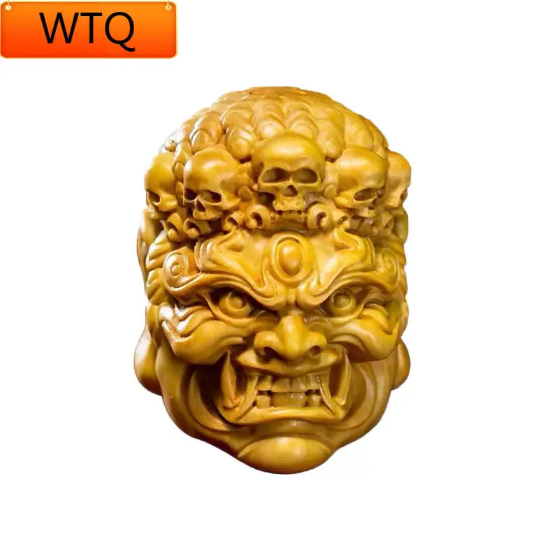 

Boxwood Wood Carving Fudo Ming Wang Buddha Head Handle Wooden Hand-carved Evil Spirit Crafts Men's Portable Pendant Statues