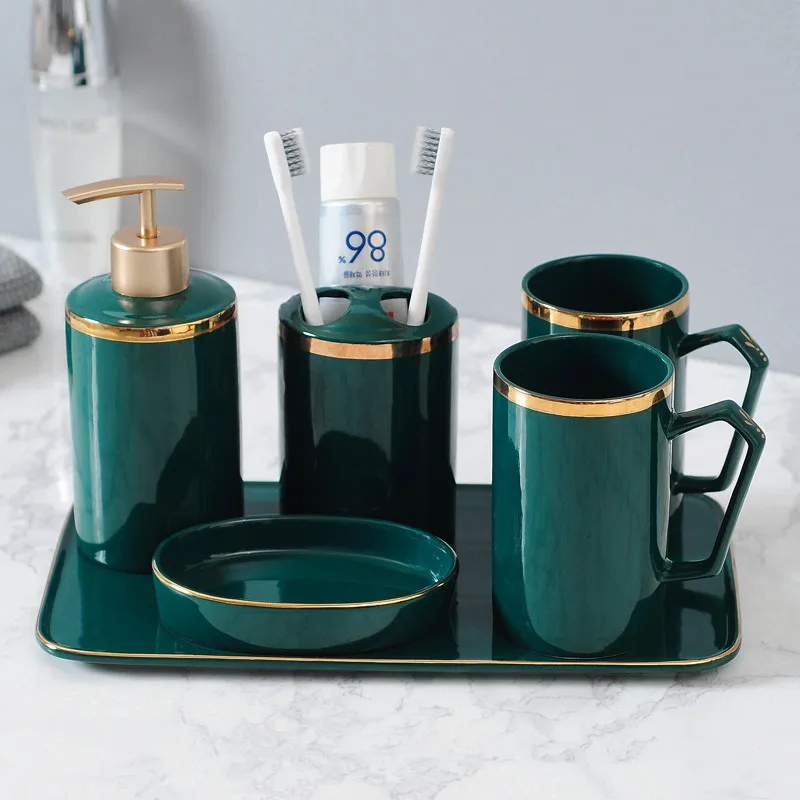 

Bathroom Accessories Set Ceramic Soap Dispensers Toothbrush Holder Gargle Cups Soap Dish With Tray Wedding Gifts Luxury Green