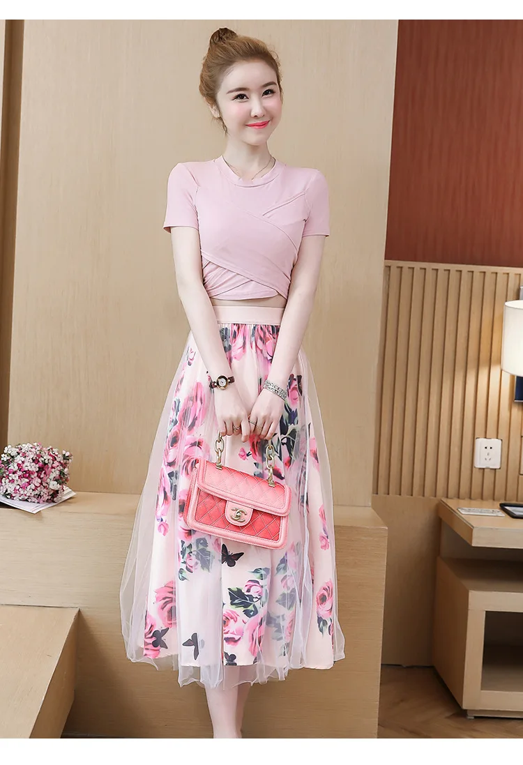 

Bowknot Solid Tops Vintage Floral Skirt Sets for Elegant Woman Paris Girl Women Irregular T Shirt+Mesh Skirts Suits