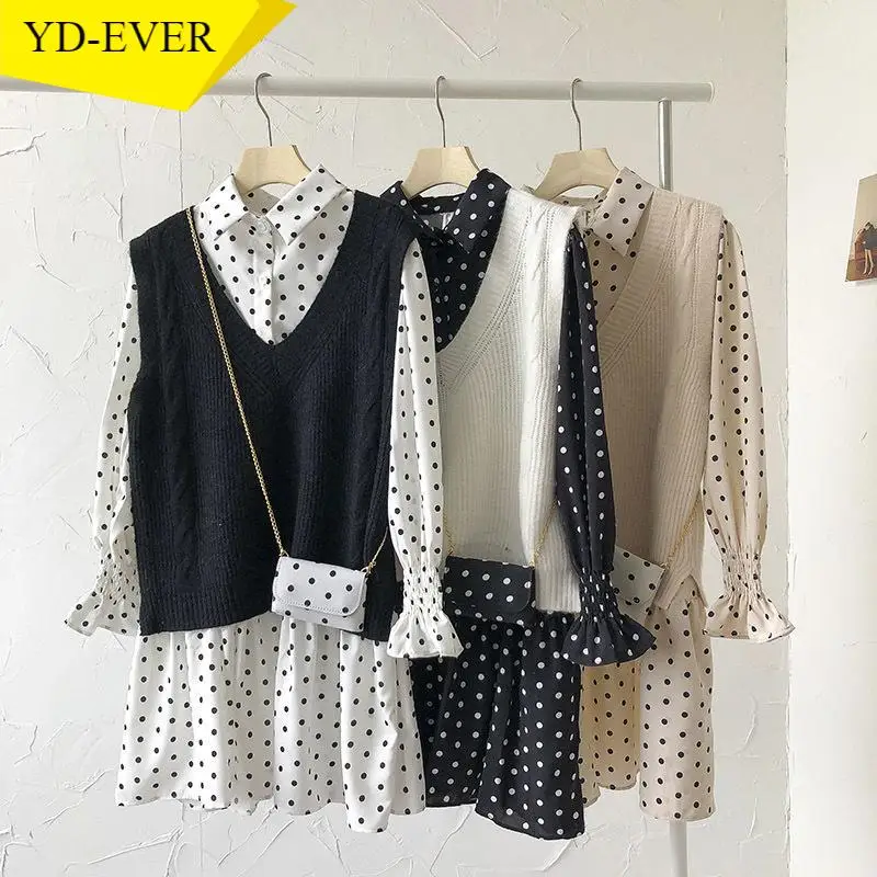 2021 верхняя одежда из двух частей для женщин весенняя в горошек платье с v-образным