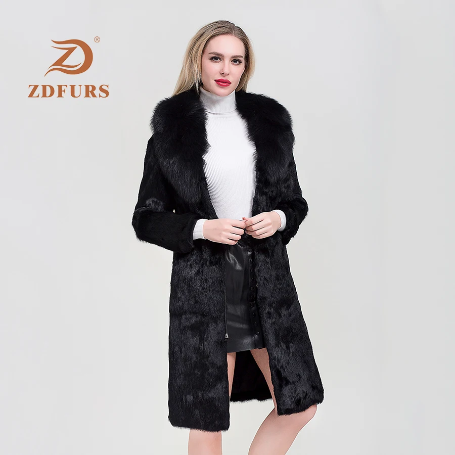ZDFURS*Luxury Long Customize Plus Size Factory Real Price Genuine Rabbit Real Fur Coat Women Fur Jacket New Winter