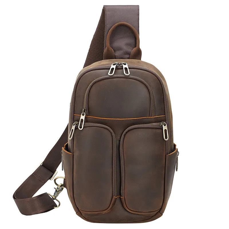 New leather men's multifunctional chest bag large capacity shoulder bag natural leather retro cowhide chest bag for men