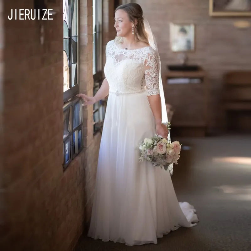 

JIERUIZE vestido de noiva Modern Wedding Dresses Scoop Neck Half Sleeve Button Back Beading Sash Chiffon Lace Bridal Dresses