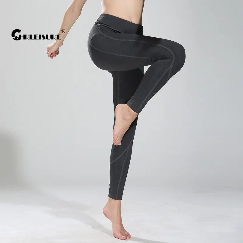 

CHRLEISURE Slim Sport Leggings Side Pockets Hip Lift Fold Yoga Women's Pants Running Quick Dry Elasticity Gym Sportswear