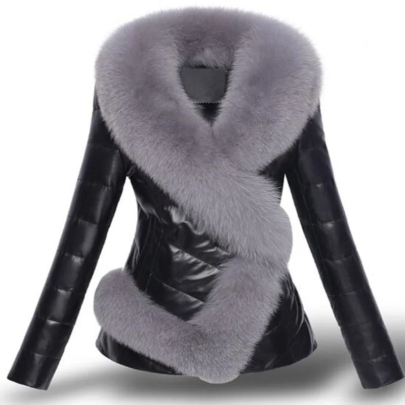 High quality Fashion Women Leather Jacket Short Faux Fox Fur Collar Slim Thick Warm Winter Coat Overcoat Motorcycle clothing | Женская