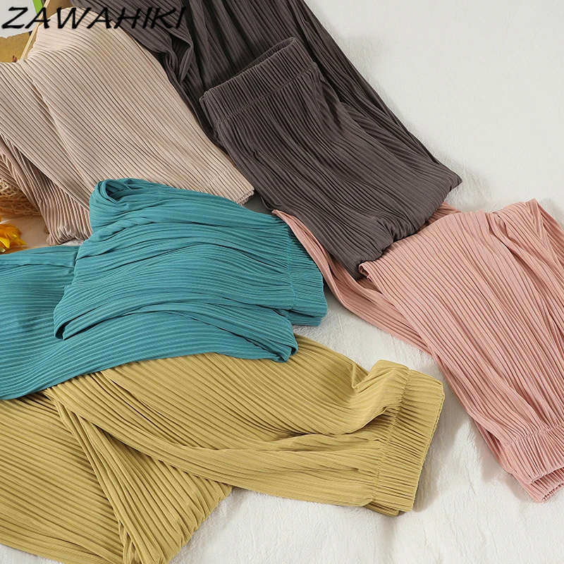 

ZAWAHIKI Casual Wide Leg Pants Women Summer Elastic High Waist Loose Straight Pleated Pants Comfortable All-match Long Pants