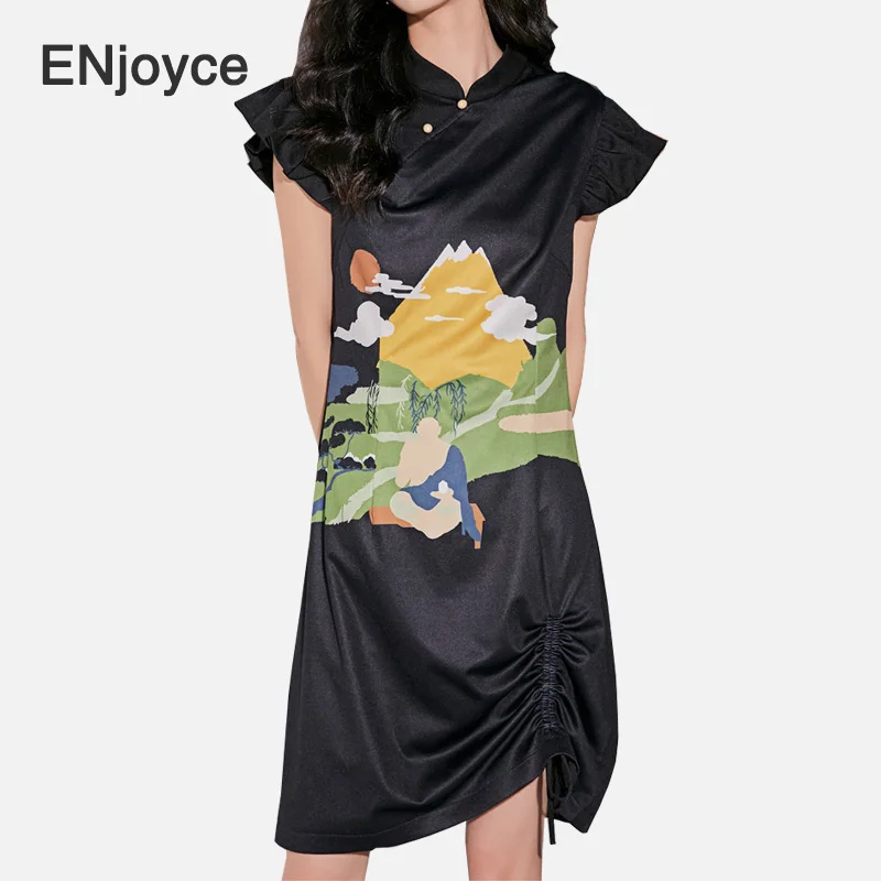 Чонсам женский с винтажным черным принтом модное платье в современном