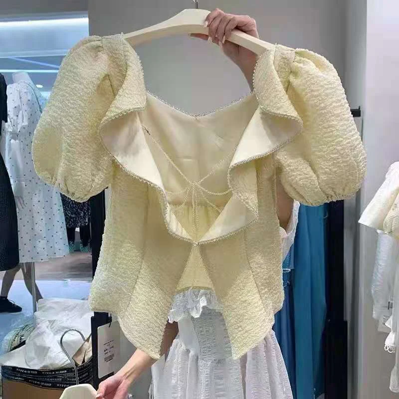 

Puff Sleeve Backless Tops Shirts Women 2021 Summer New French Short Sleeve Shirt High Waist Lace-Up Solid Apricot Blouse Female