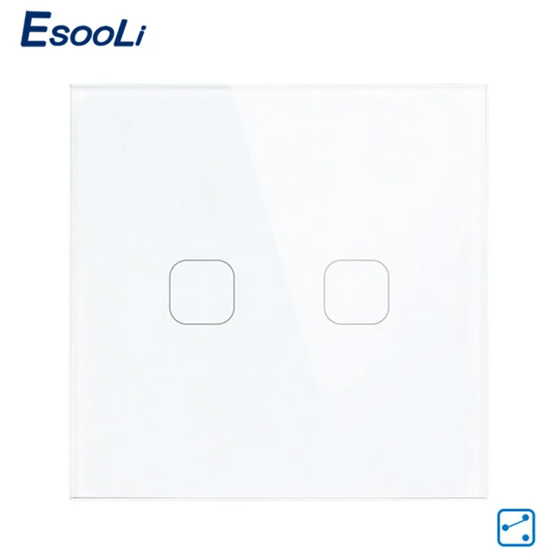 2 Gang 2 Way White Esooli ЕС стандартный настенный сенсорный выключатель 1/2 банды 2 способ управления сенсорный экран переключатель, Хрустальная стеклянная панель, 220-250 В - Цвет: 2 Gang 2 Way White
