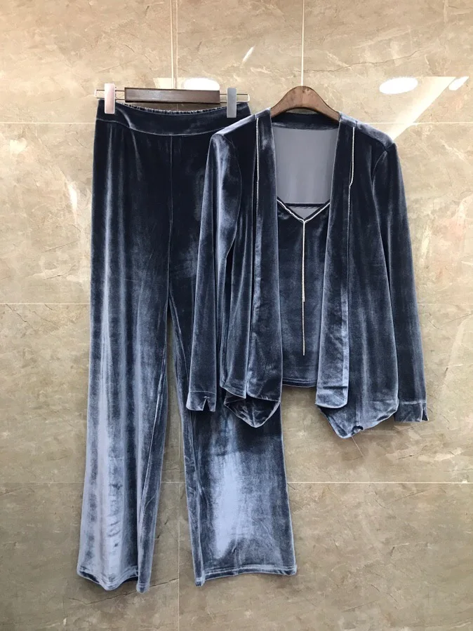 dark gray Вельветовый костюм осенний Повседневный Спортивный костюм женский жилет с кисточками и бисером+ кардиган с длинными рукавами+ Прямая велюровая обивка - Цвет: dark gray
