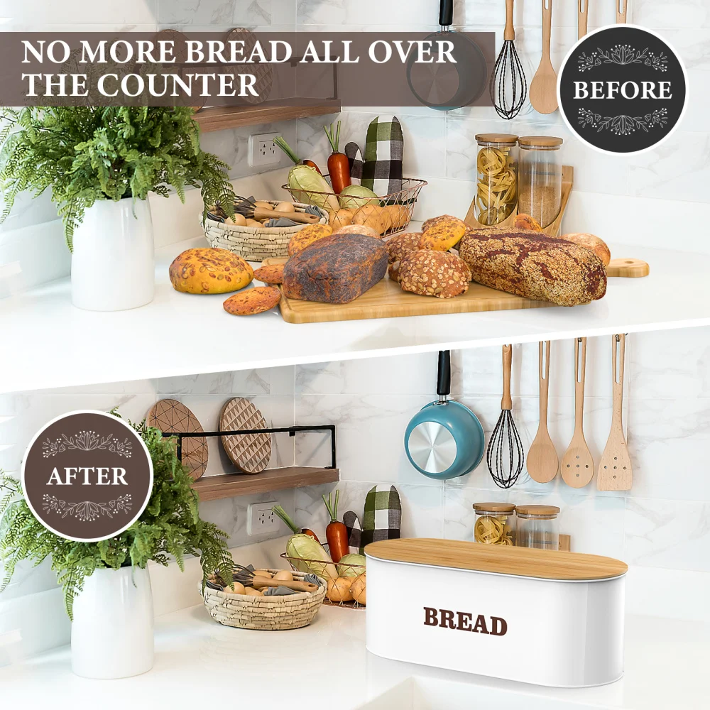 

Cabilock Metal Bread Box Bread Storage Organizer Holder with Bamboo Lid for Kitchen Countertop (White)