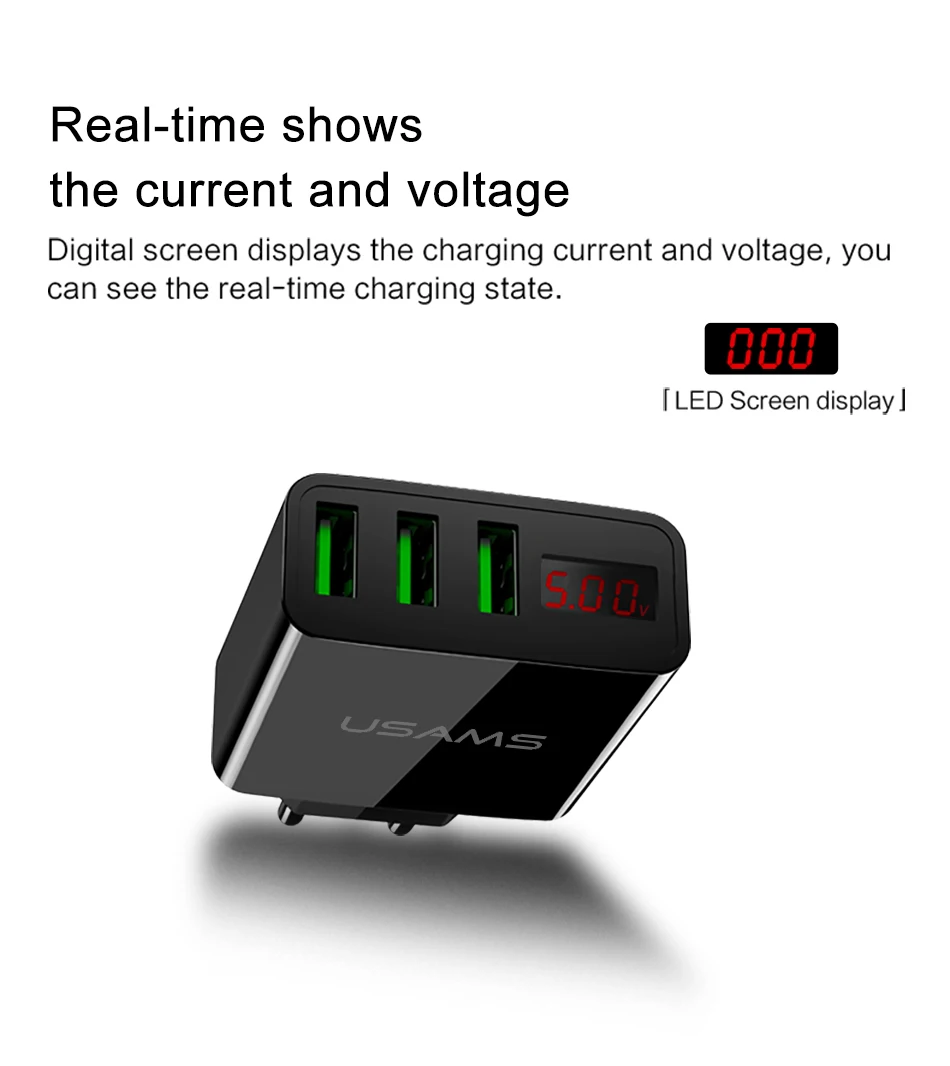 USAMS, 3 порта, USB зарядное устройство для телефона, светодиодный дисплей, штепсельная вилка европейского стандарта, всего макс., 3 А, умное быстрое зарядное устройство, мобильное настенное зарядное устройство для iPhone, iPad, samsung