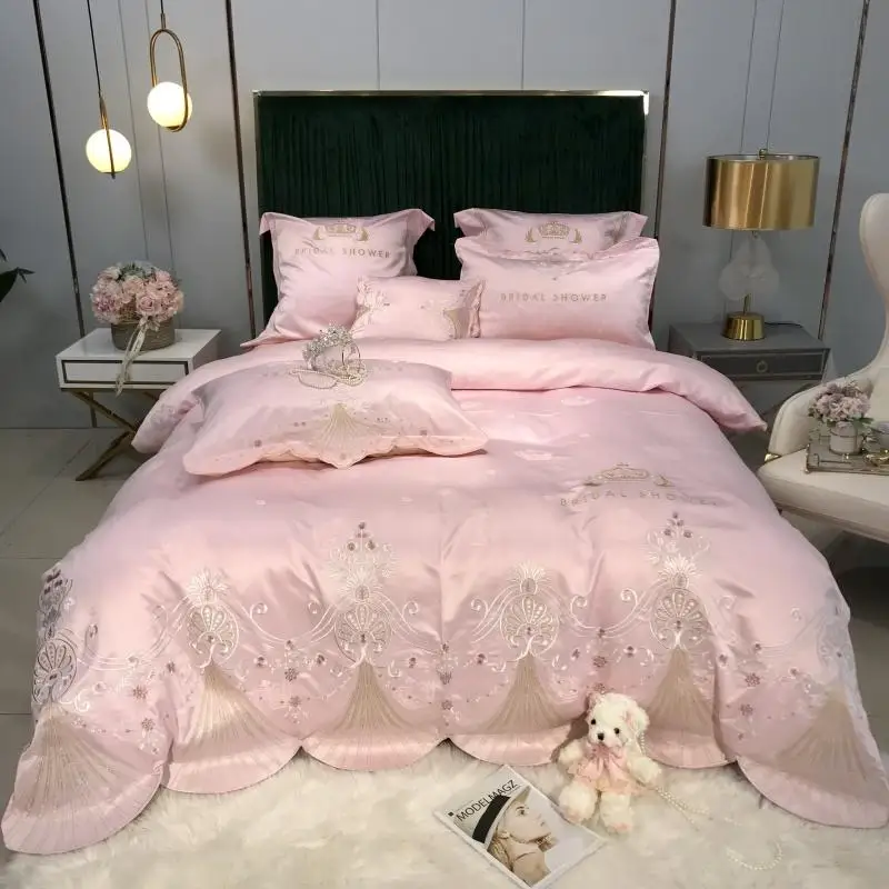 Crown Embroidery Luxury Jacquard Cotton Satin Pink Princess Bedding Sets Duvet Cover Bed Sheet Linen Pillowcases King Queen Size