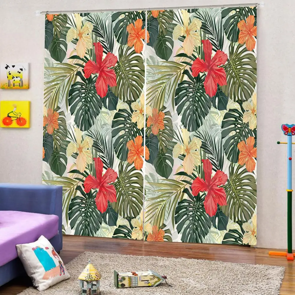 Тропические цветы большие оконные шторы с принтом листьев для гостиной плотные
