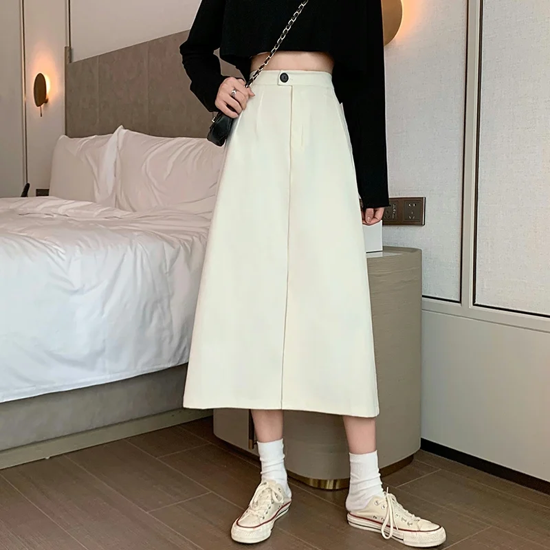 

2022 Autumn New Korean High Waist Slim Simple Solid Color Casual Temperament All-match Women A-line Long Skirt Free Shipping