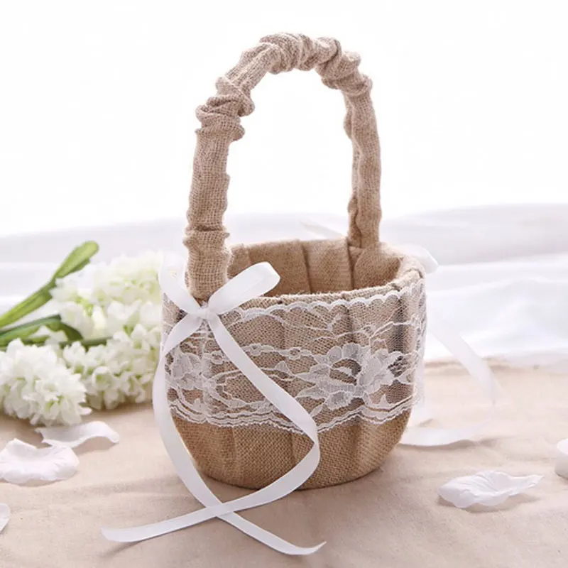 

Wedding Ceremony Ring Pillow Flower Basket Lace Burlap Bowknot Vintage Basket Storage for Girl Wedding Party Supplies