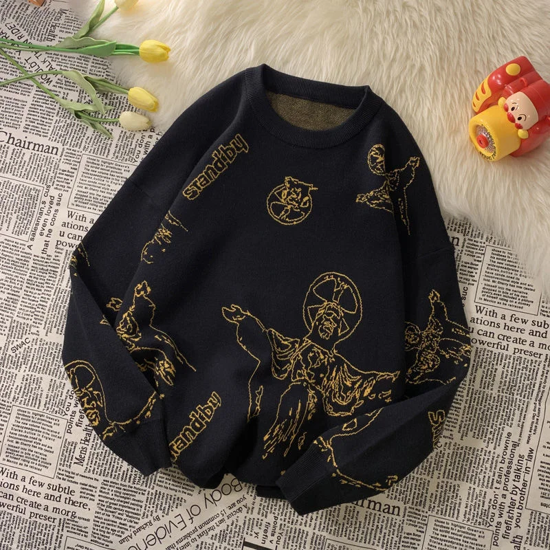

Fashion Knitted Pullover Sweater Men Printed Loose Streetwear Male Clothes Casual O-Neck Long Sleeve Oversize Warm Tops Winter