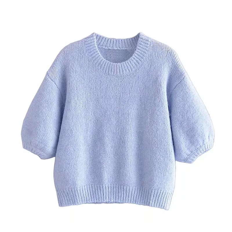 

ZA 2021 autumn new women's clothing fashion all-match casual European and American style round neck short sleeve sweater