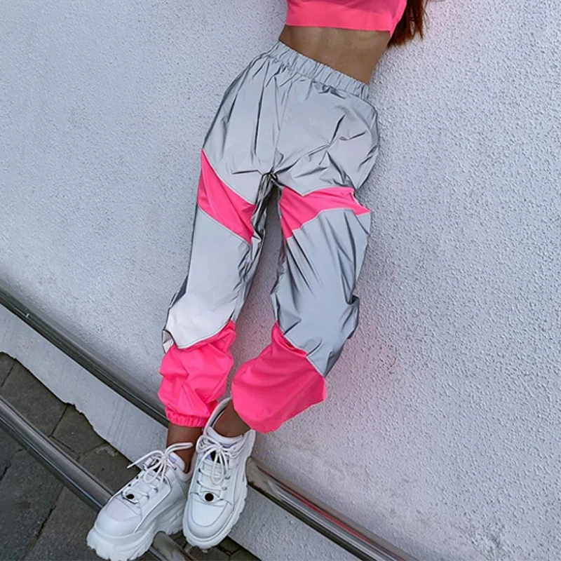 

OMSJ Autumn Winter Loose Hight Waist Flash Reflective Patchwork Jogger Pants 2021 Women Neon Streetwear Outfits Cargo Trousers