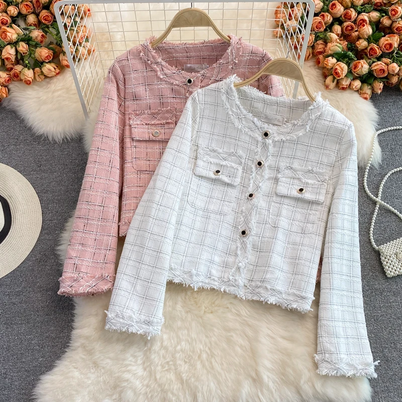 

Ladies frayed plaid jacket women fall/winter 2021 fashion loose single-breasted suit jacket long sleeves