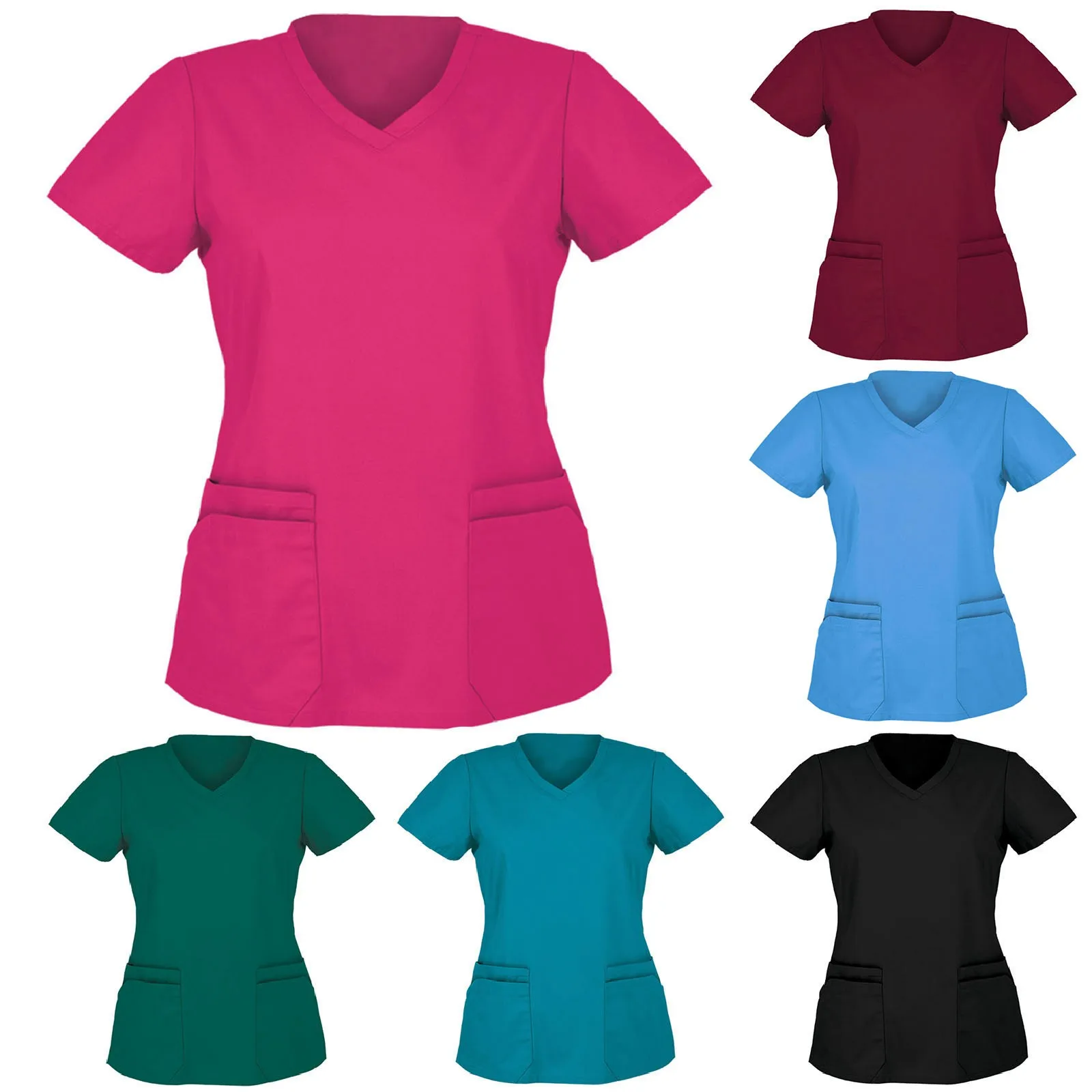

Women Nurse Uniform V-neck Solid color T Shirt Short Sleeve Tops Pocket Shirt Pharmacy Nurse Scrubs Tops Working Uniform Blouse