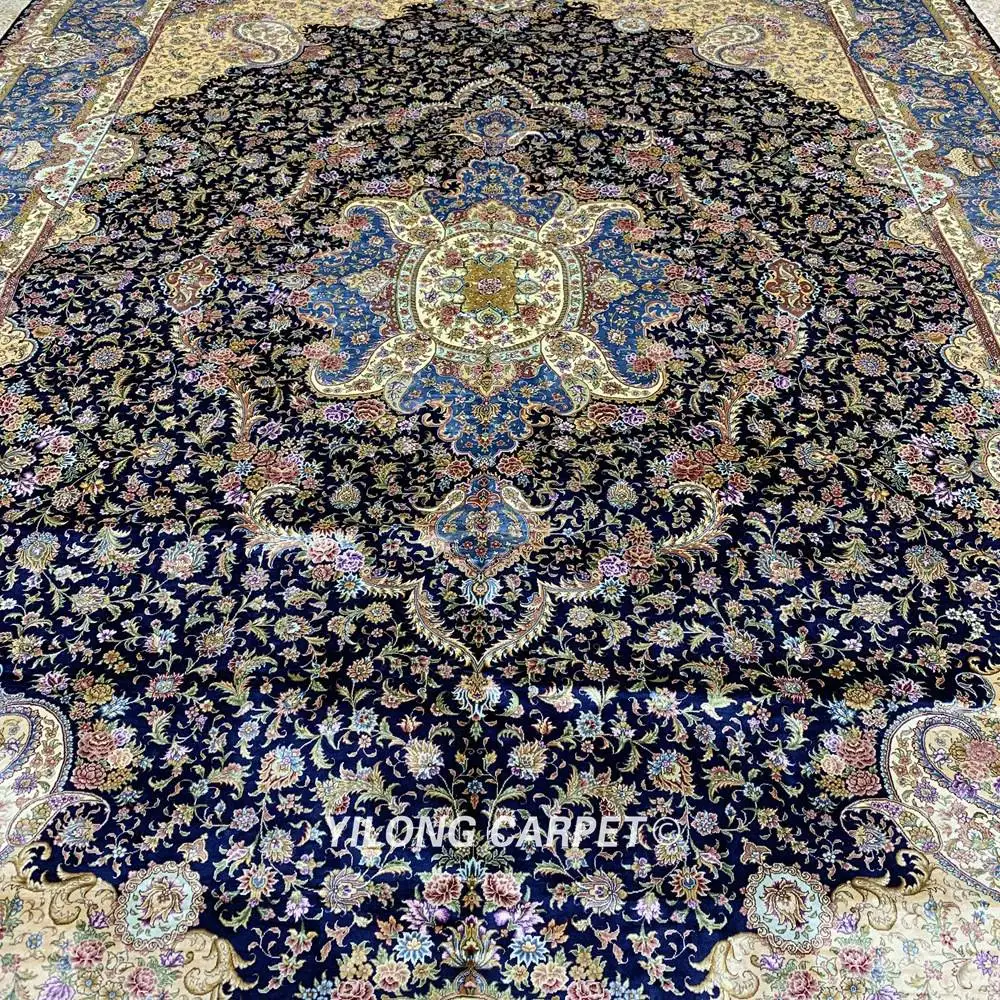 Goede Yilong 10'x14' Vantage Klassieke Kleed Grote Antiek Blauw Medaillon Iraanse Zijde Tapijt (ZQG370A)