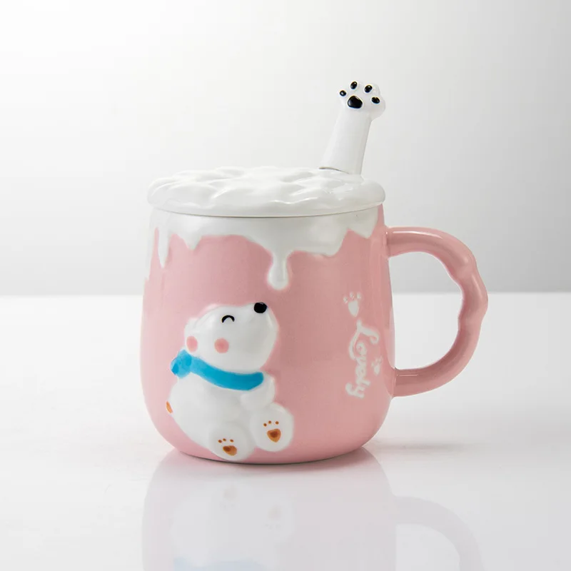 

Creative Relief Cute Little Milk Dog Mug Cartoon Home Office Ceramic Cup with Lid Spoon Cup Student Lovers Water Cup Coffee