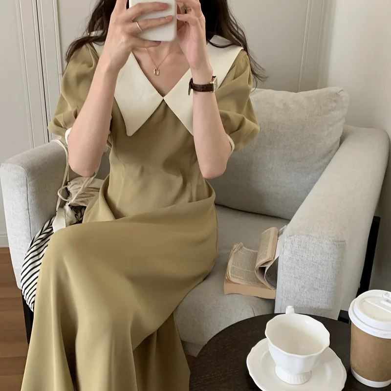 

VICONE Dress Women Harajuku Summer Short Sleeve Midi Holiday Chic A-line Popular Loose Lapel Retro Fashion Dress