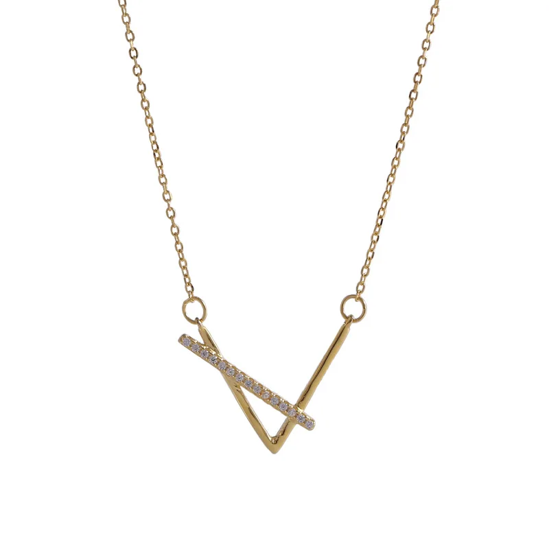 

s925Silver simple temperament row diamond letter V-shaped Necklace women's luxury clavicle chain