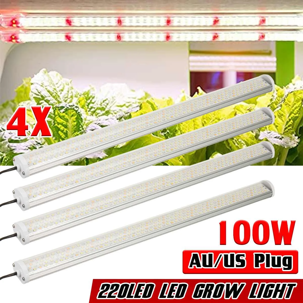 4pcs 100W LED Grow Light Strip Full Spectrum Phytolamp Tube Bar Phyto Lamp for Indoor Greenhouse Plant Flower Veg Tent with Plug