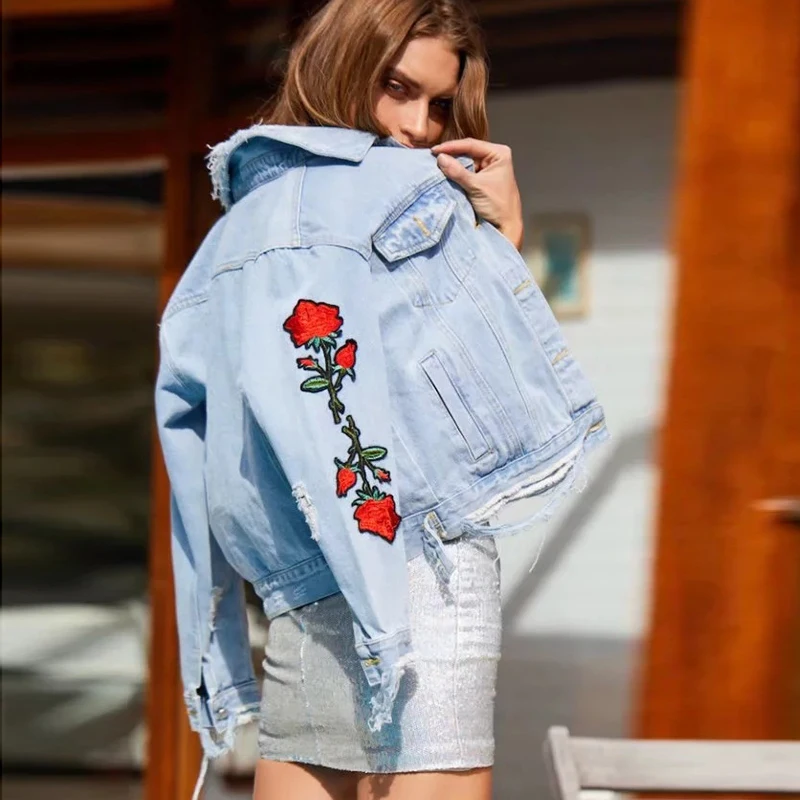 Женские джинсовые куртки и пальто в европейском американском стиле с 3D цветочной
