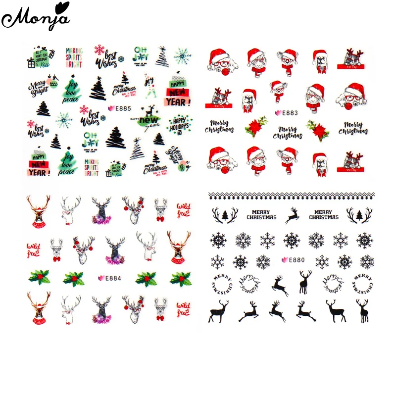 Monja 11 стилей/лист дизайн ногтей Рождественская наклейка Снеговик Лось подарок