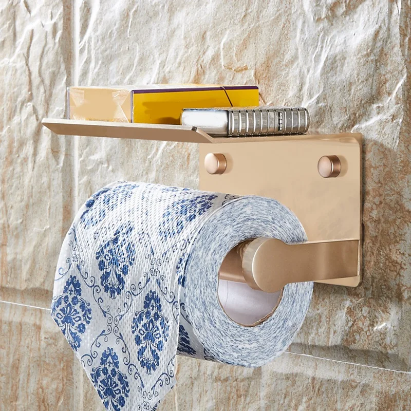 

Toilet Paper Holder with Shelf Wall Mounted Mobile Phone Paper Towel Holder Decorative Bathroom Roll Paper Holder Silver