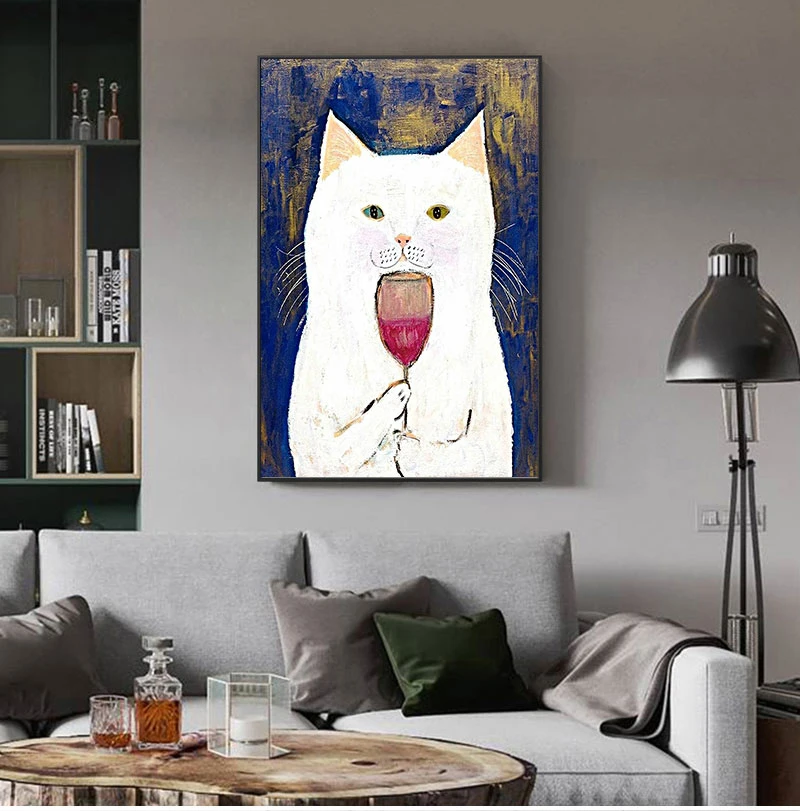

ALMUDENA White Cats Taste Red Wine Nordic Cute Simple Cartoon Canvas Poster Unframed Wall Art Painting Fashion Home Decoration
