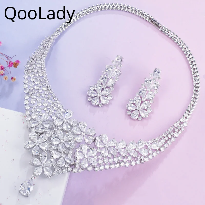 QooLady Топ новый белый цветок камень CZ установка тяжелое нигерийское ожерелье серьги свадебное платье массивные Ювелирные наборы Z045