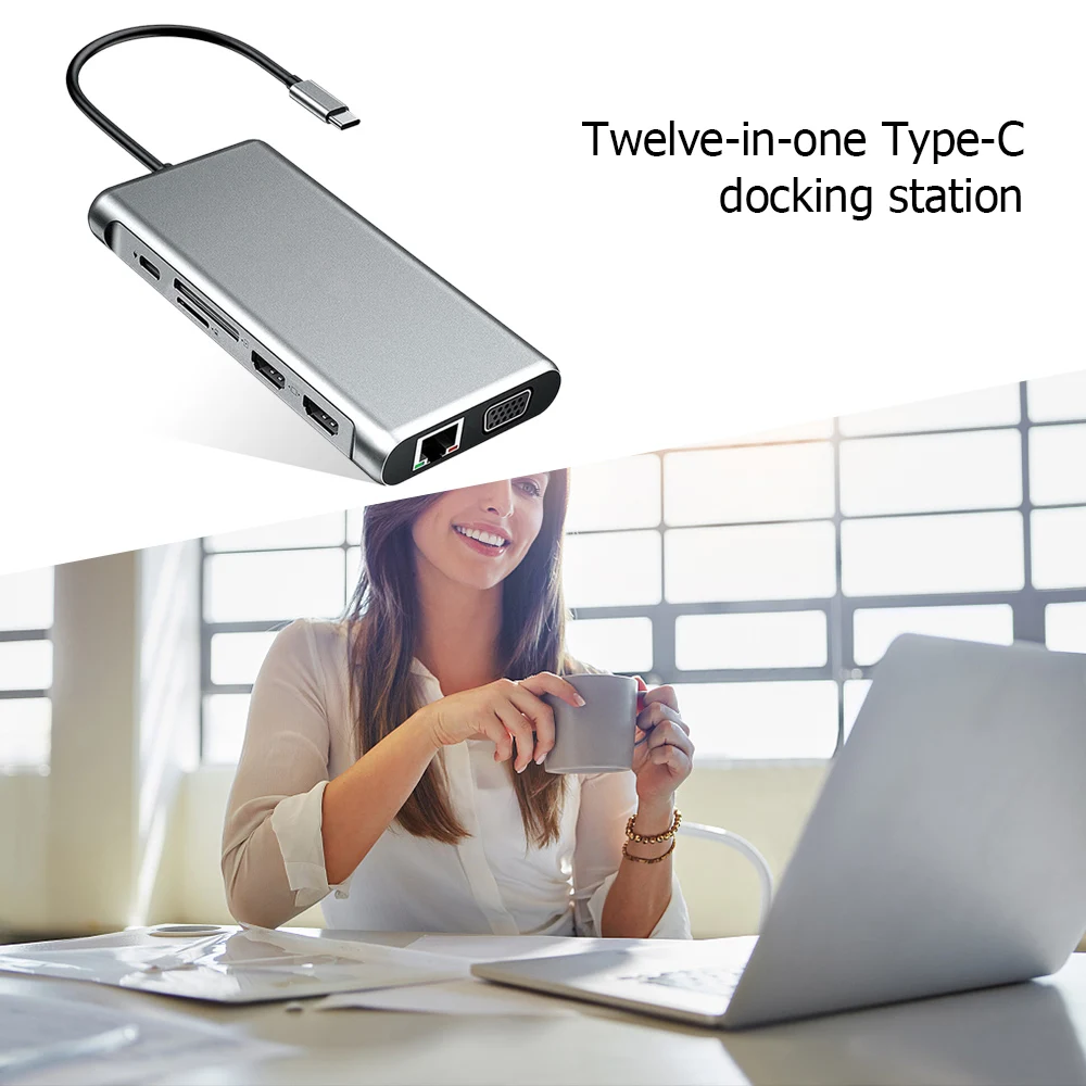 

12-in-1 Laptop Docking Station USB C Hub Type C Adapter with Ethernet 4K HDMI-Compatible VGA 2 USB3.0 2.0 PD Data Port and SD/TF