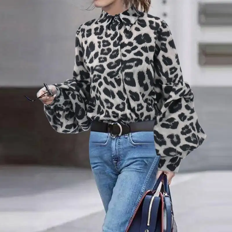 

Blouses Femme Sexy Bf Shirt Lantern Sleeve Shirts Linen Shirt Long Sleeve T-shirts Sexy Leopard Print Blouses Women Fashion
