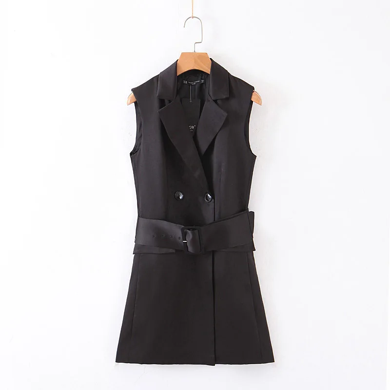 Женский элегантный пиджак без рукавов строгий жилет с воротником и поясом