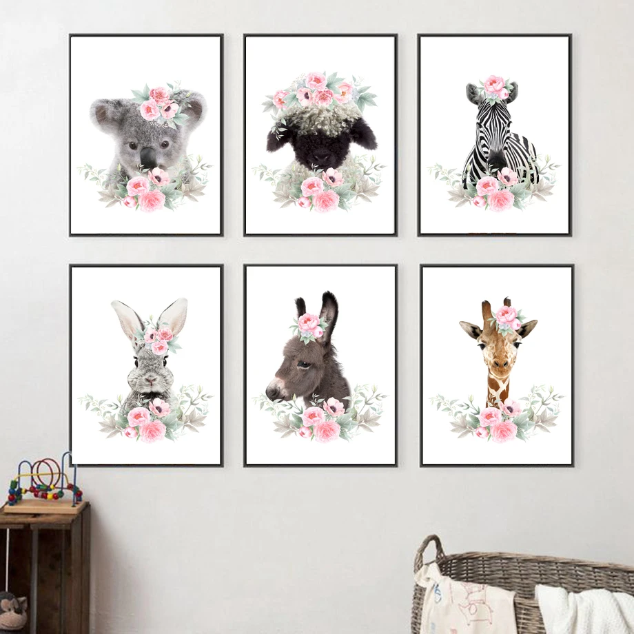 

Koala Giraffe Rabbit Sheep Zebra Nursery Wall Art Print Canvas Painting Nordic Posters And Prints Wall Pictures Kids Room Decor