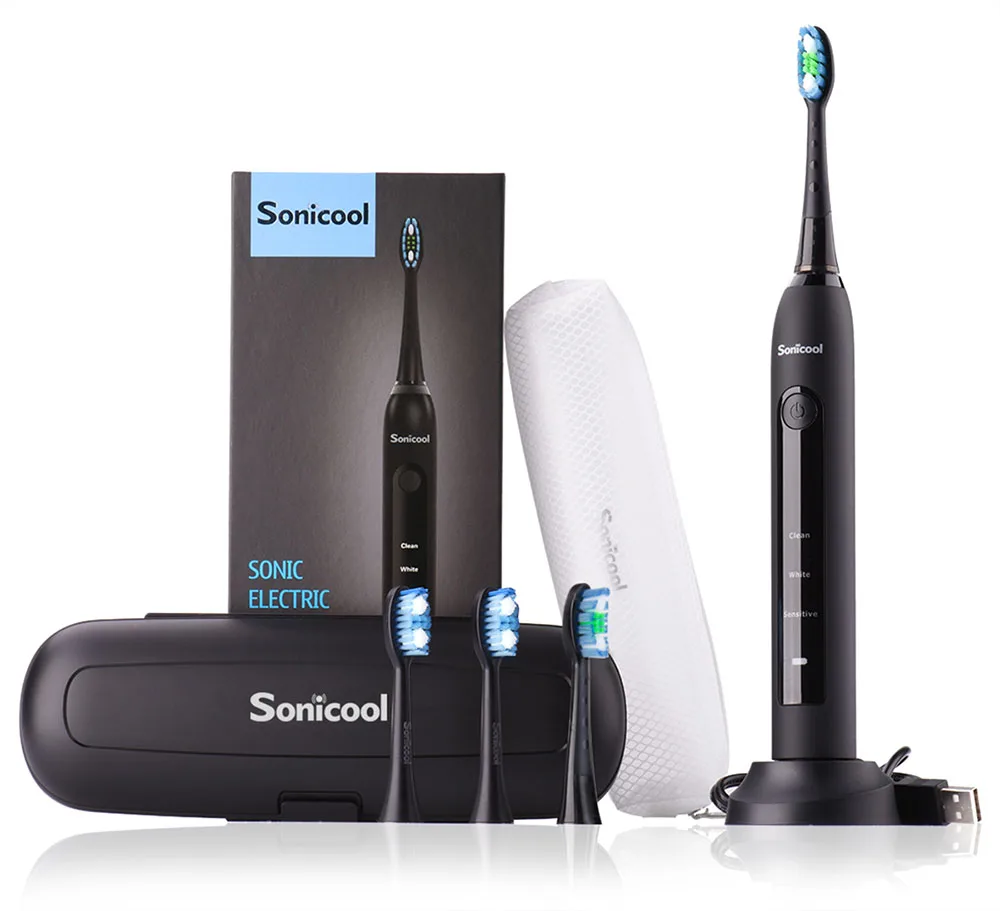 Black Sonicool 051B ультра звуковая электрическая зубная щетка USB перезаряжаемые зубные щетки с 4 шт. DuPont сменные головки - Цвет: Black