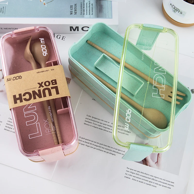 

900ml Healthy Material Lunch Box 3 Layer Wheat Straw Bento Boxes Microwave Dinnerware Food Storage Container Lunchbox