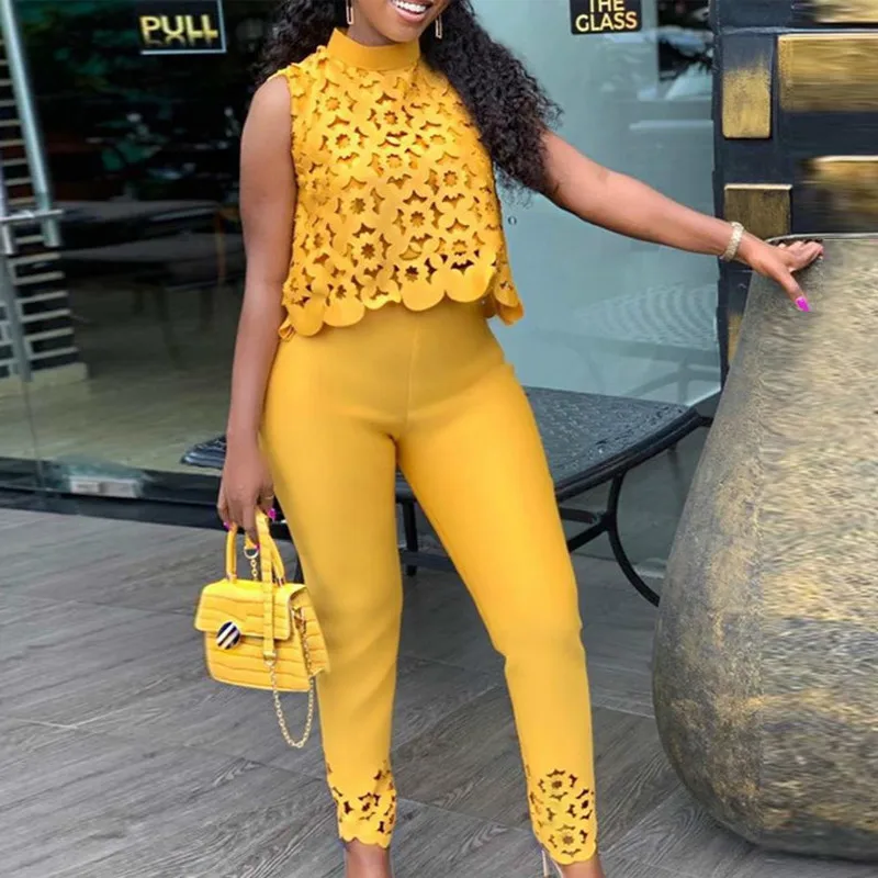 Высокая шея Кружева выдалбливают топы и брюки набор женщин 2 шт наряды | Женская